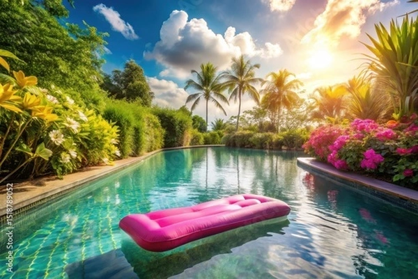 Fototapeta Serene Poolside Relaxation Pink Inflatable Raft Floating in a Lush Tropical Paradise at Sunset