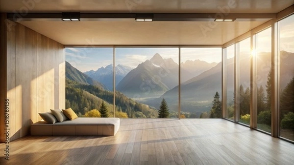 Fototapeta Serene mountain vista room with expansive windows, minimalist platform bed, and warm wood floors