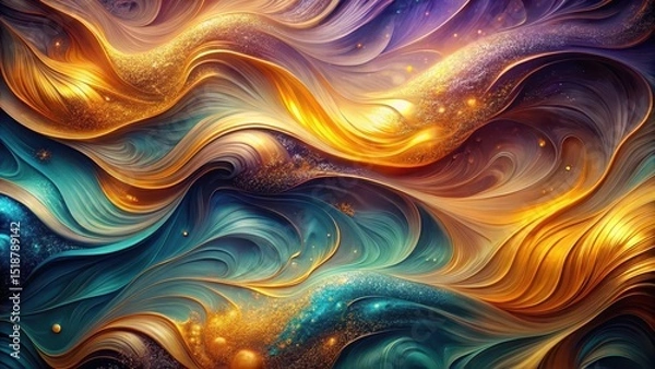 Fototapeta Abstract Golden and Teal Swirling Waves with Glittering Particles A Luxurious and Evocative Design