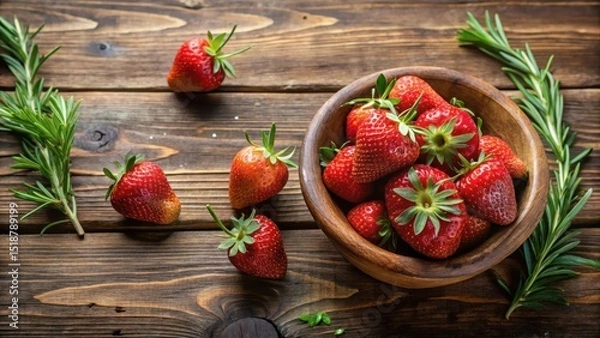 Fototapeta A Rustic Wooden Bowl Overflowing with Ripe, Juicy Strawberries, Accented by Fresh Rosemary Sprigs on a Dark Wooden Surface