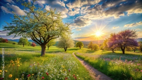 Fototapeta Serene Sunset Stroll Through a Blossoming Meadow with a Gentle Path
