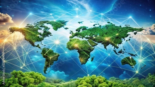 Fototapeta A Lush Green Planet Interconnected by a Global Network of Bright Lines Representing Worldwide Communication and Collaboration