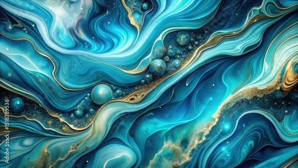 Fototapeta Abstract Swirling Ocean Depicting a Celestial Galaxy with Golden Accents and Spheres