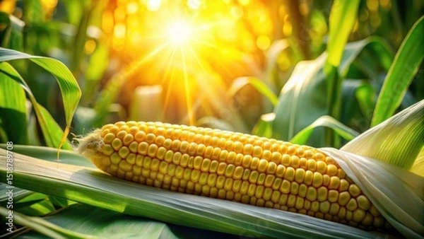 Fototapeta Golden Corn Cob Resting on Lush Green Leaves in a Sunlit Field at Harvest Time