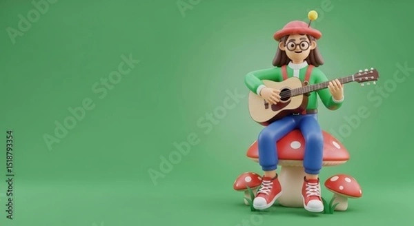Fototapeta 3D Girl Character Playing Guitar and Singing with Musical Notes