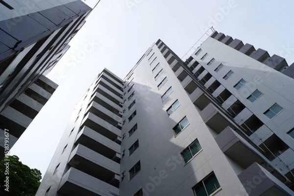 Fototapeta Tall white residential buildings with multiple balconies and windows against a clear sky viewed from below