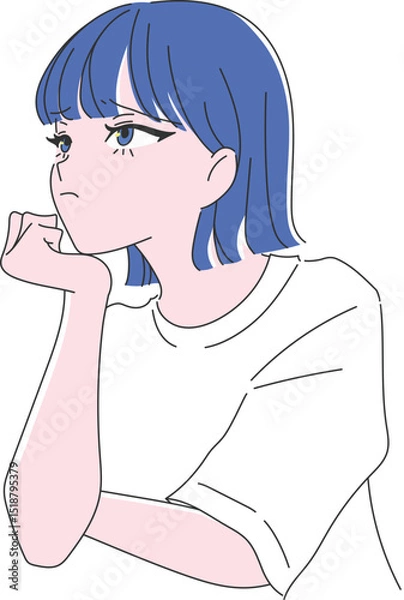 Fototapeta 頬杖をついて何かに悩んでいる女性の手書きイラスト