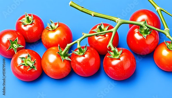 Obraz Vibrant organic cherry tomatoes arranged on a deep blue backdrop, Marble Red Holland heirloom variety, crayon drawing. isolated with white highlights