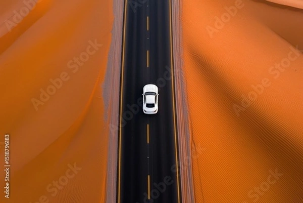 Fototapeta Aerial photography of an endless desert highway cutting through vast golden sands