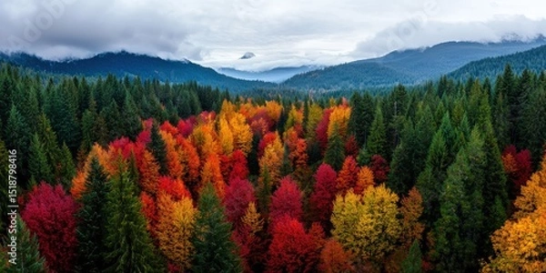 Fototapeta Aerial photography of dense forest in autumn, with vibrant red, orange, and yellow foliage