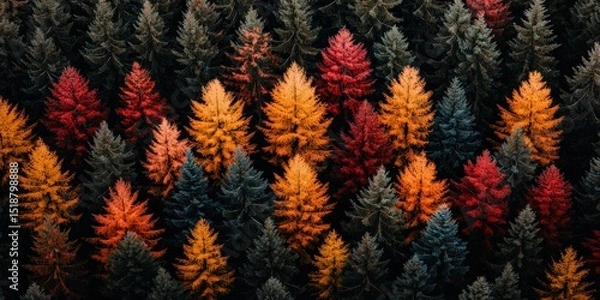 Fototapeta Aerial photography of dense forest in autumn, with vibrant red, orange, and yellow foliage