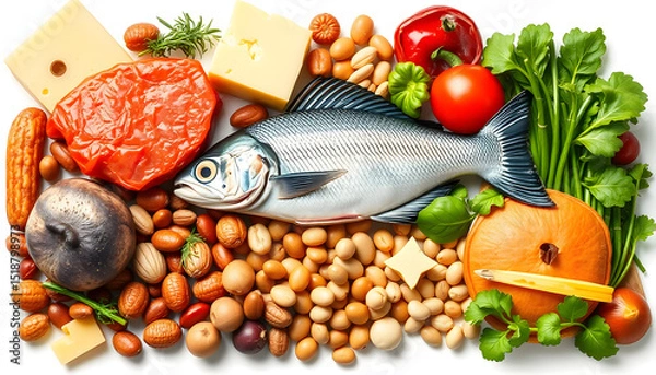 Obraz Nutrient-rich protein options - poultry, seafood, dairy, seeds, legumes and leafy vegetables, pop-art. isolated with white highlights
