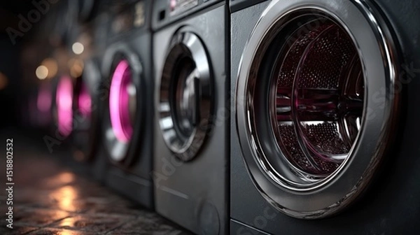 Fototapeta Neon Lit Laundromat at Night  Row of Washers Glowing