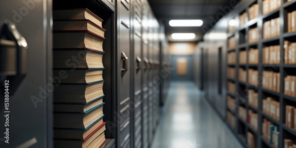 Fototapeta Shelving Units with Documents showcasing neatly arranged stacks of books and files in corridor