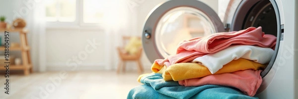 Fototapeta Loading Clothes into Washing Machine showcasing vibrant pile of laundry ready for washing
