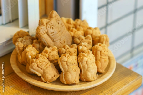 Fototapeta Tokyo, Japan - Sep 30 2024, A close-up view of a bowl filled with Taiyaki pies in the form of a Maneki Neko, in the window of a cafe, Tokyo, Japan