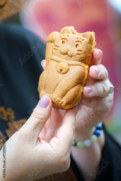 Fototapeta Tokyo, Japan - Sep 30 2024, vertical view of a taiyaki pie in the shape of a Maneki Neko cat, which is held in the hands of a man, at daytime, Tokyo, Japan