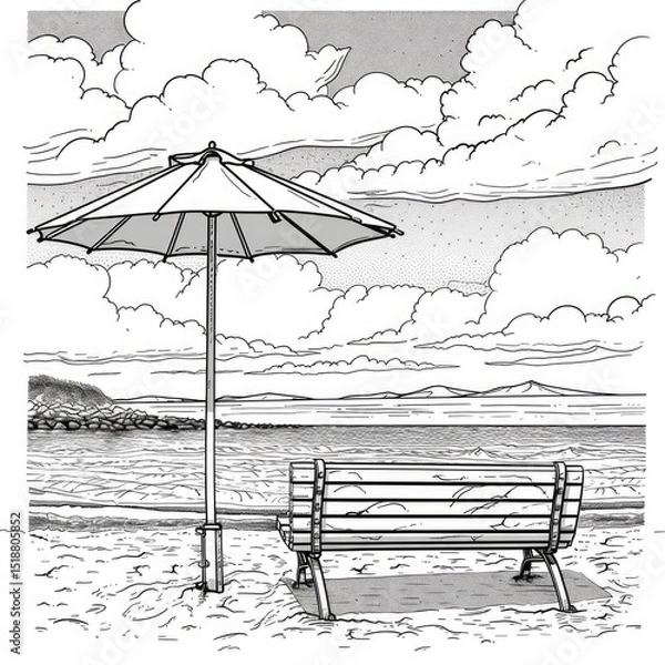 Obraz Beach scene with umbrella and bench under a cloudy sky.