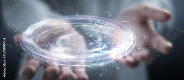 Fototapeta A person holding a glowing circular object in their hands with a futuristic or technological appearance