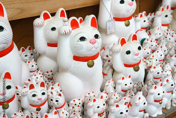 Fototapeta Tokyo, Japan - Sep 30 2024, A close-up view of many multi-sized white beckoning cat figure of Maneki neko with red ears and noses displayed at Gotokuji Temple, without people, at daytime, Tokyo, Japan