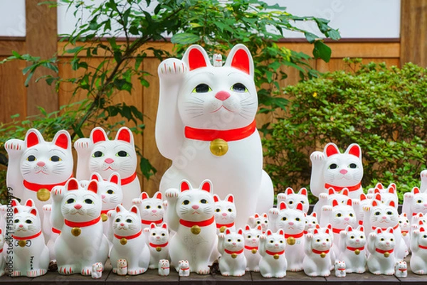 Fototapeta Tokyo, Japan - Sep 30 2024, A close-up view of many multi-sized white beckoning cat figure of Maneki neko with red ears and noses displayed at Gotokuji Temple, without people, at daytime, Tokyo, Japan
