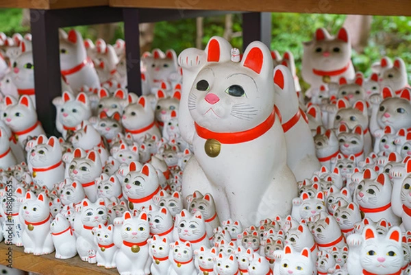 Fototapeta Tokyo, Japan - Sep 30 2024, A close-up view of many multi-sized white beckoning cat figure of Maneki neko with red ears and noses displayed at Gotokuji Temple, without people, at daytime, Tokyo, Japan