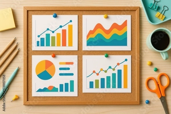 Obraz Colorful charts and graphs on corkboard business data analysis