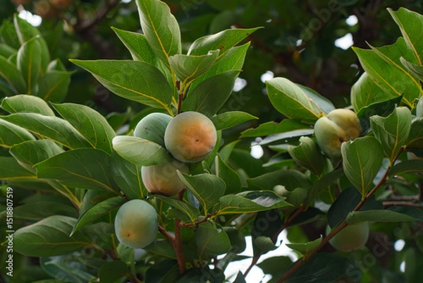 Fototapeta Tokyo, Japan - Sep 30 2024, close up view of the foliage of a tree with an unripe persimmon, at daytime, Tokyo, Japan