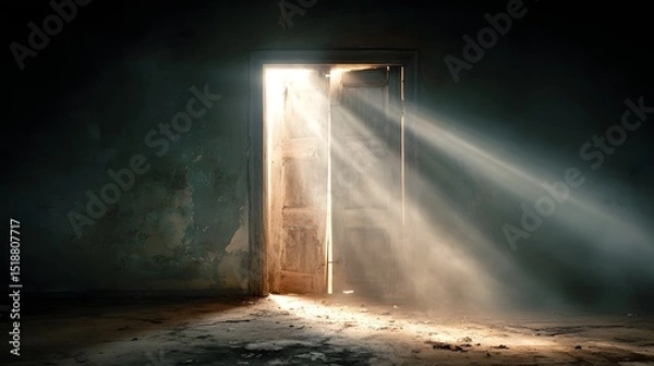 Fototapeta An old weathered wooden door stands open inviting a burst of bright daylight to stream into the dimly lit abandoned interior of a forgotten room