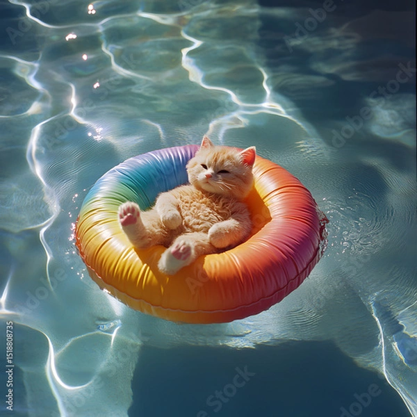 Obraz A stuffed cat rests on a rainbow float, drifting gently over soft ripples in the shimmering pool water.