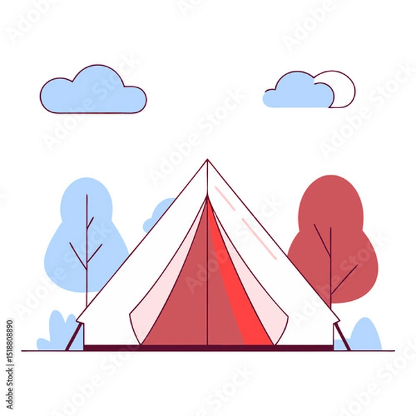 Obraz A charming, stylized bell tent, complete with an open flap, is set in a minimalistic outdoor scene with soft blue and red trees and light blue clouds against a white background.
