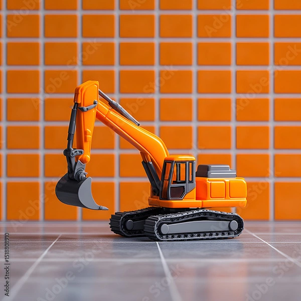 Obraz A toy excavator sits on a gray and orange tiled background, ready for play with its tiny scoop raised.
