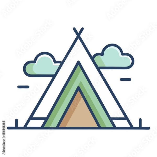 Obraz An outline icon depicts a triangular tent or teepee with a blue entrance and green interior, set between two simple clouds, evoking a camping scene.
