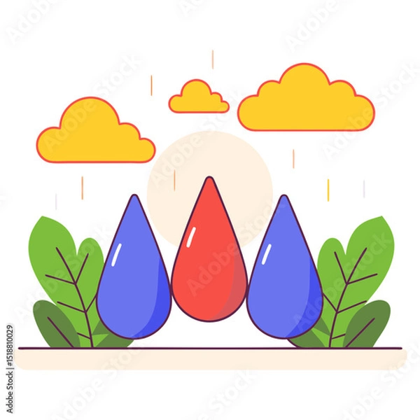 Obraz An illustration features three large, colorful raindrops (two blue, one red) flanked by green leaves, under yellow clouds and a light orange sun, with vertical dashed lines representing rain.