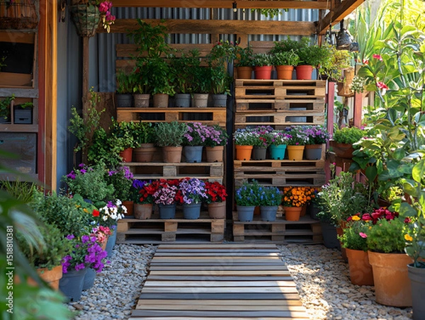 Obraz Eco-friendly potted plants arranged on wooden pallets in a lush garden setting, creating a sustainable and vibrant atmosphere that highlights nature and environmental care.