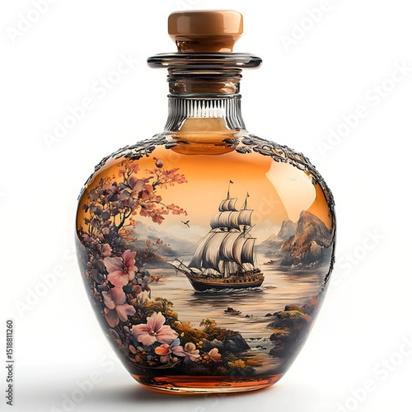 Obraz Elegant historical frigate with elaborate painting, meticulously crafted inside a bottle, showcasing intricate details and classic design, isolated on a white background.