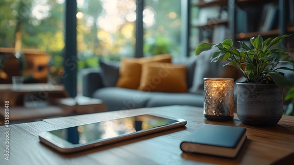 Obraz Elegant smartphone and tablet resting on a stylish table, ideal for modern lifestyle and tech enthusiasts.