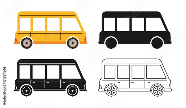 Fototapeta Car minibus for family icon symbol cartoon set. Hand drawn automobile bus in different styles colored silhouette outline collection. Simple children funny auto transport comic icon vector illustration