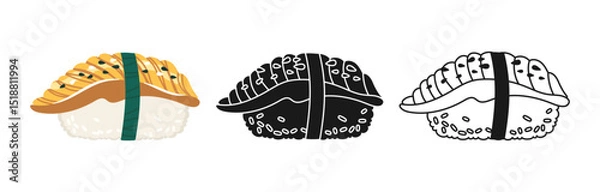 Fototapeta Sushi Nigiri with eel symbol cartoon set. Traditional Asian Japanese food linear doodle icon. Sushi seafood vector illustration. Stylized doodle design sign for oriental menu, cafe, bar, restaurant