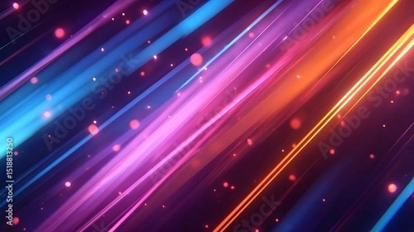 Fototapeta Diagonal neon light beams in pink blue and orange radiate across a vibrant futuristic background with floating particles and a sense of motion and energy