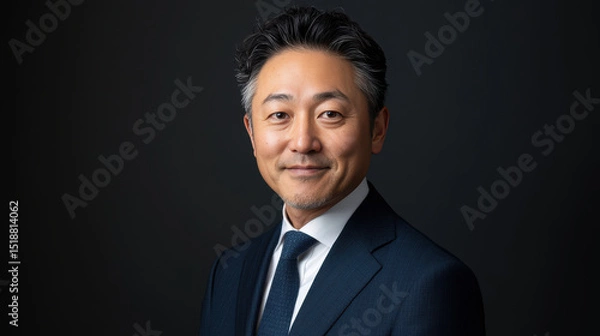 Obraz Professional headshot of Japanese man in suit, exuding confidence and approachability.