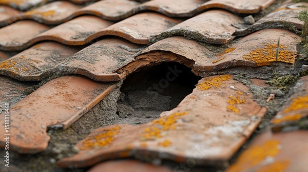 Fototapeta Damaged roof with broken clay tiles and visible hole caused by storm and poor maintenance. Weathered texture showing water leak risk and hazard. Urgent repair needed for residential house safety.

