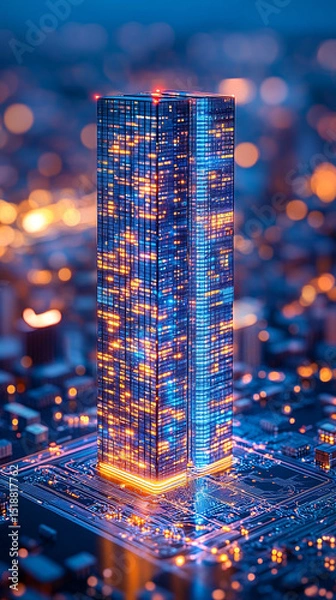 Fototapeta Futuristic bank building digitally rendered on a glowing circuit board. Neon lights highlight tech innovation, AI, and cryptocurrency, symbolizing modern finance and high-tech digital banking.

