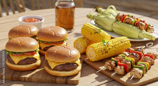 Obraz Sizzling Summer BBQ Grilled Burgers, Corn on the Cob, and Chicken Skewers