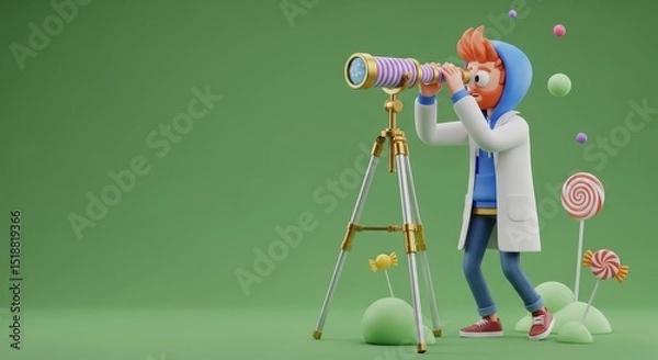 Fototapeta 3D Character Isaac Newton with Apple and Telescope