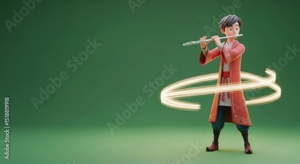 Fototapeta 3D Character Boy Playing Flute with Musical Notes