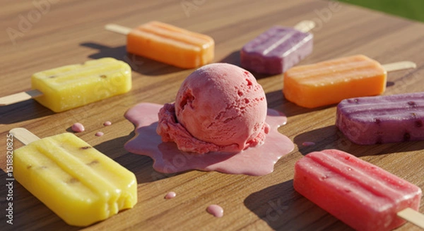 Obraz Melting Ice Cream Delight Colorful Popsicles and Creamy Scoop