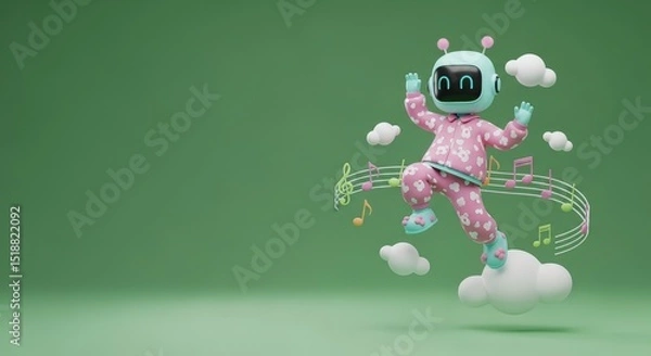 Fototapeta 3D Character Green Robot with One Eye Dancing