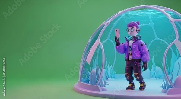 Fototapeta 3D Character Boy in Spaceship Cockpit with Planets Outside