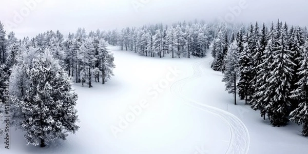 Fototapeta Aerial view of a dense pine forest covered in snow, with a winding path cutting through the trees